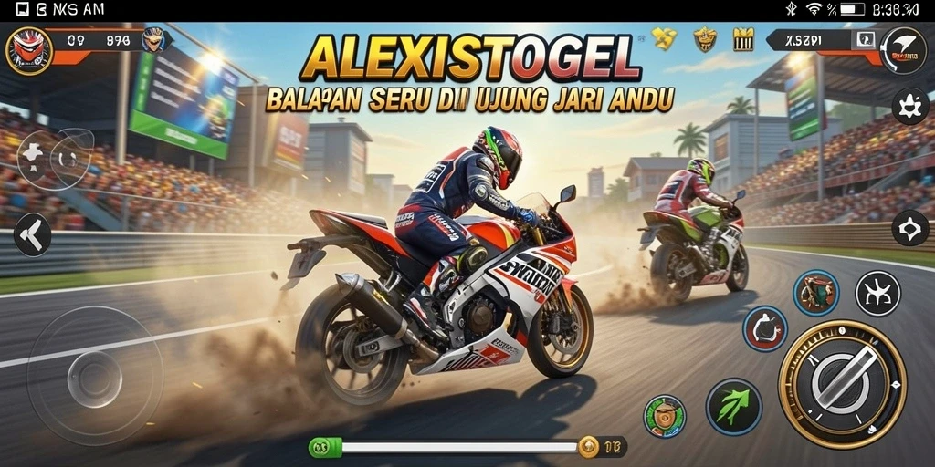 Tampilan balapan seru dalam ALEXISTOGEL dengan motor dan lintasan menantang.