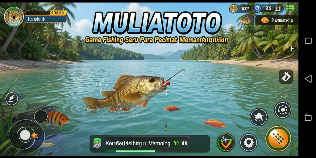 Tampilan gameplay MULIATOTO dengan aksi memancing yang seru.